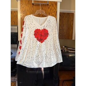 Womens White Long Sleeve Heart Rose Dot V Neck Top Shirt‎